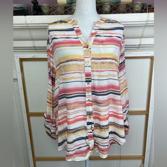 Zac & Rachel Striped Multicolor Button-down airy longer blouse or tie at waist - Picture 2 of 12